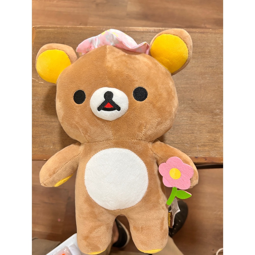 Rilakkuma San-X Brown Bear Plush Stuffed Animal Pink Sun Hat Flower 13 Inch